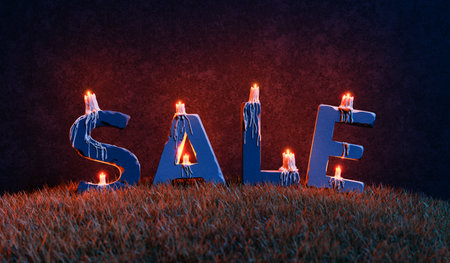 gravestones on grass with the word SALE and burning candles with wax spilled on top. Halloween offer concept. 3d renderingの写真素材
