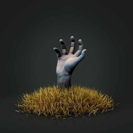 zombie hand coming out of lawn isolated on dark background. halloween concept. 3d renderingの写真素材