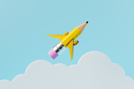 3d rendering from below of small yellow lead pencil with eraser in rocket shape flying against blue sky backgroundの写真素材