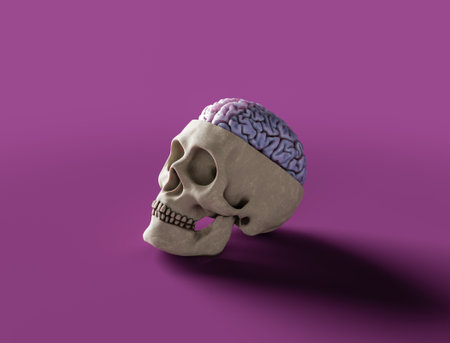 severed human skull with a rotten brain peeking out, on a purple background with strong shadows. minimalist scene. halloween concept. 3d renderingの写真素材