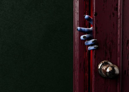 close up of a spooky hand peeking through an old red door with copy space. halloween arrival concept. 3d renderingの写真素材