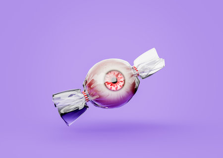 Spooky eye wrapped in candy shape levitating on a minimalistic purple background. halloween trick or treat concept. 3d renderingの写真素材