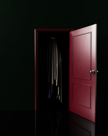 dark room with an open red door and a spooky ghost with glowing eyes peeking out. halloween concept. 3d renderingの写真素材