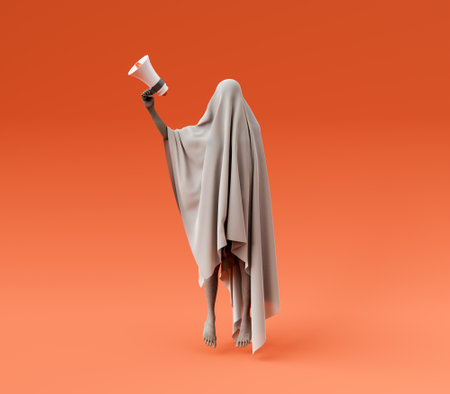 ghost with zombie skin holding a megaphone. minimalist orange studio background. halloween ad...
