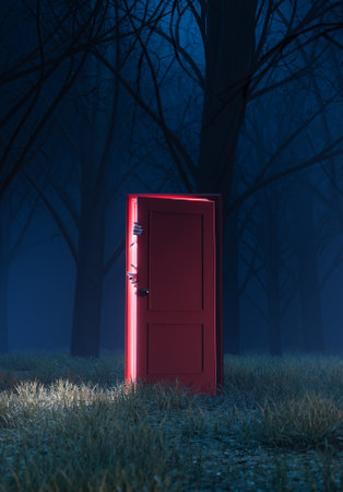Lonely half-open red door with shadowy hands peeking out of a dark and foggy moonlit forest. halloween concept. 3d renderingの写真素材