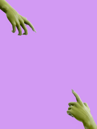 zombie hands pointing to the center of purple isolated background. copyspace. halloween concept. 3d...