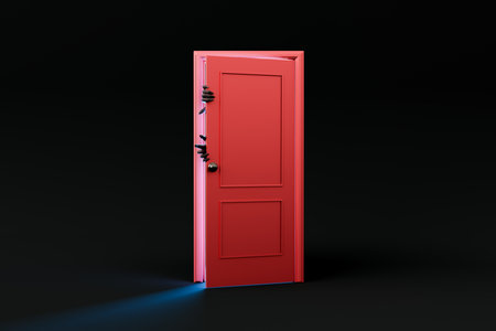 lonely red door with light and spooky hands peeking out. halloween arrival concept. 3d renderingの写真素材