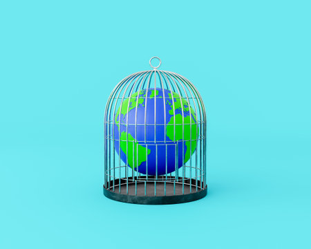 planet earth enclosed in a metal cage on an isolated blue background. concept of environment, freedom and human domination. 3d renderingの写真素材