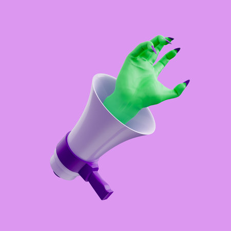 green zombie hand coming out of a megaphone on a purple isolated background. halloween advertisement concept. 3d renderingの写真素材