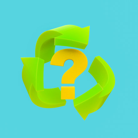 recycling symbol with a question mark in the center isolated on a blue background. doubts about...