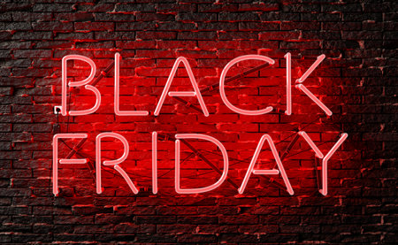 3d rendering Black Friday clearance illustration of big letters illuminated with red neon light against dark background of brick wallの写真素材