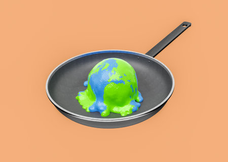 planet earth melting in a frying pan with an orange isolated background. concept of global warming, pollution and heat. 3d renderingの写真素材