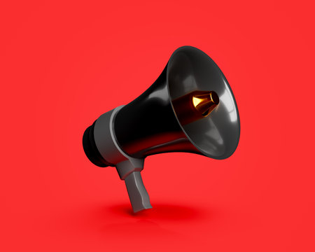 3d rendering colorful advertising illustration of Black Friday clearance with black megaphone and gray handle with golden speaker against red backgroundの写真素材