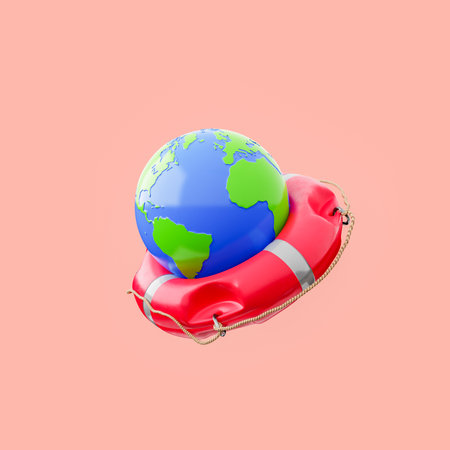 planet earth on a lifebuoy isolated on a red background. concept of climate change, sustainable resources and pollution. 3d renderingの写真素材