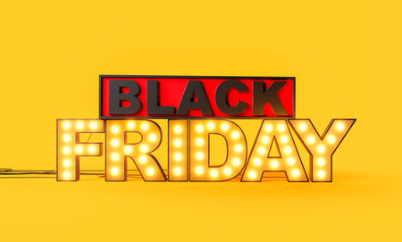 3d rendering template of Black Friday clearance with red and black with yellow light bulb letters and cords against yellow backgroundの写真素材