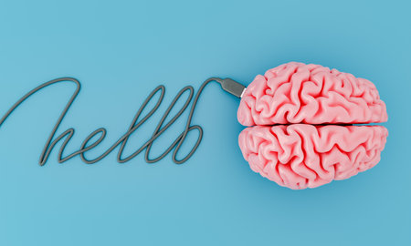 HELLO word written with a USB cable connected to a brain. brain computer interface concept, artificial intelligence and automatic writing models. 3d renderingの写真素材