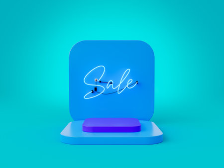 square pedestal with the word SALE on a neon lamp with pastel blue tones and gradient background. concept of seasonal sales and product offers. 3d renderingの写真素材