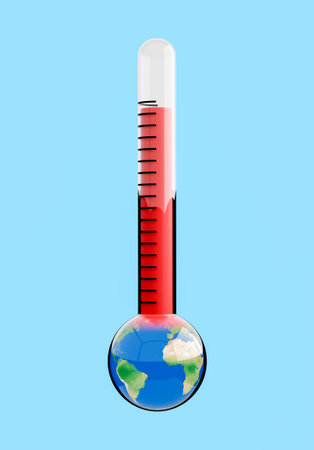 thermometer with planet earth and red tip isolated on blue background. concept of global warming. 3d renderingの写真素材