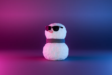 snowman with scarf and sunglasses with neon lighting and dark background. concept of winter, christmas and technology. 3d renderingの写真素材