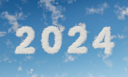new year number 2024 written with diffuse clouds over the sky. spiritual or meteorological concept of new year. 3d renderingの写真素材