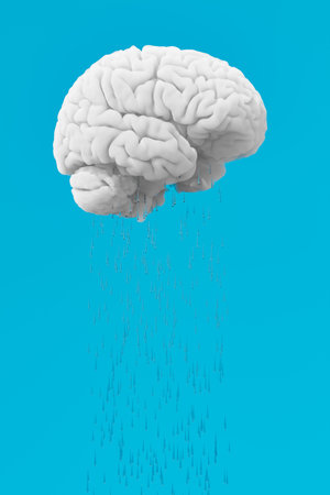 Brain shaped cloud releasing water on an isolated blue background. concept of mental health,...
