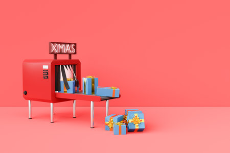 Christmas gift machine with a neon XMAS sign and a conveyor belt dropping boxes on a bright red background. santa claus and shopping concept. 3d renderingの写真素材