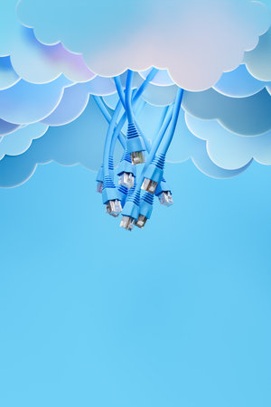Ethernet cables coming out of flat clouds with a blue isolated background. concept of communication, data, technology and networks. 3d renderingの写真素材