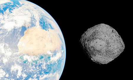 Close-up of the asteroid Bennu approaching Earth through empty space. Possible collision in the year...
