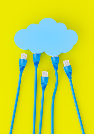 Ethernet cables approaching and connecting to a flat cloud with an isolated yellow background....