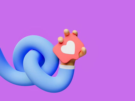 arm tangled with hand holding a social media like symbol on a purple isolated background. 3d...