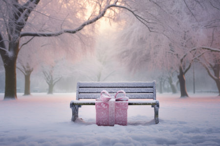Gift box on bench in snowy winter park. Christmas background.の素材