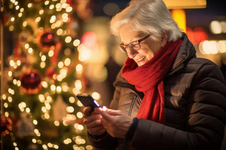 Senior woman using mobile phone at christmas marketの素材
