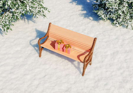 lonely bench in a snowy park with gifts on it in daylight. 3d renderingの写真素材