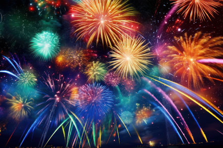 Colorful fireworks on the black sky background. Celebration and holiday concept.の素材