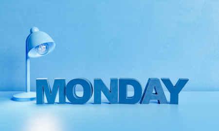 word MONDAY with a desk lamp shining on a blue background. blue monday 3d renderingの写真素材