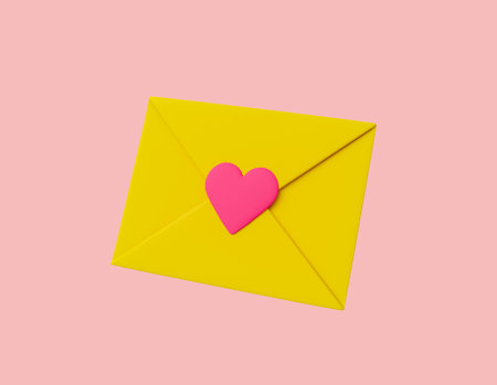 Yellow love letter with a heart in the center on a red isolated background. 3d rendering