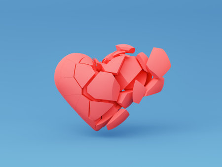 red heart broken and disintegrating on a blue background. 3d renderingの写真素材