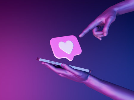 heart symbol on a mobile phone held by one hand and another hand pointing at it on a futuristic neon background. 3d renderingの写真素材