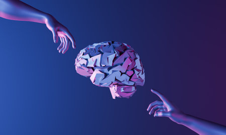 Creation of Adam style hands pointing to a brain in the center with futuristic neon lighting. 3d...
