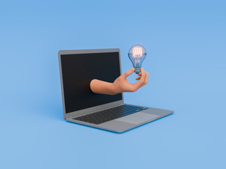 hand holding a lit light bulb and coming out of a laptop screen on a blue studio background. 3d...