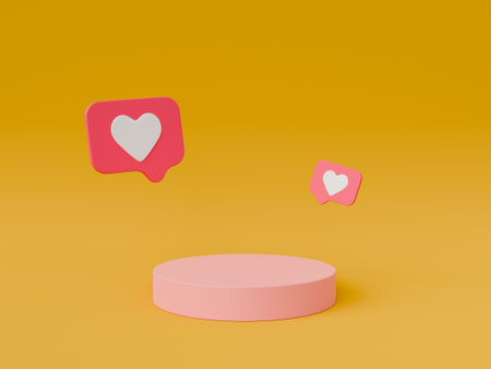 red podium with social media LIKE icons floating above on a yellow studio background. 3d renderingの写真素材