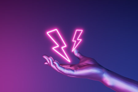 hand with lightning symbols glowing above on a gradient background with neon lighting. 3d rendering