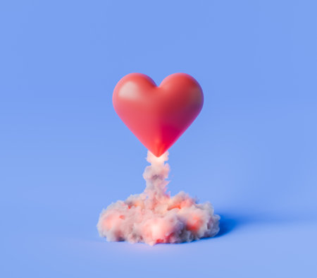 heart symbol taking off like a rocket and leaving a trail of smoke on a blue studio background. 3d renderingの写真素材