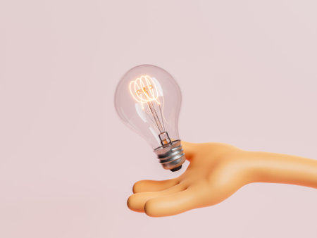 cartoon hand holding an illuminated light bulb on a pastel red isolated background. 3d renderingの写真素材