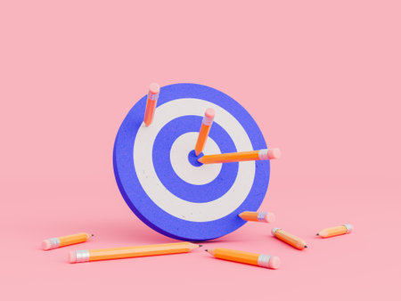 target with pencils stuck in the center and several on the ground on an isolated red background. 3d...