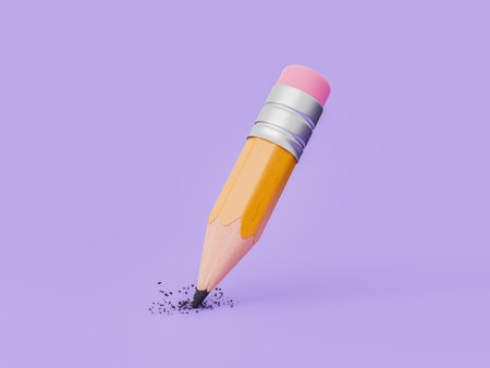 small pencil breaking the graphite tip on the ground on a purple isolated background. 3d rendering