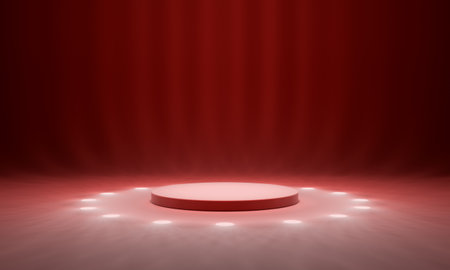 Product display stand with abstract circular lighting and caustics around with a red background. 3d renderingの写真素材
