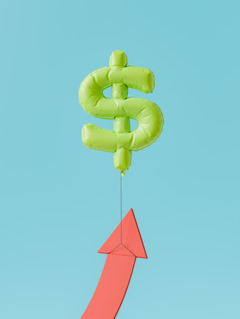 Dollar-shaped balloon raising a red arrow on a blue isolated background. 3d renderingの写真素材