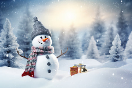 Snowman with gift box on winter background.の素材