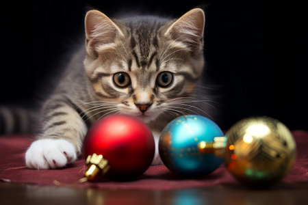Cute tabby kitten with Christmas ornaments on dark backgroundの素材